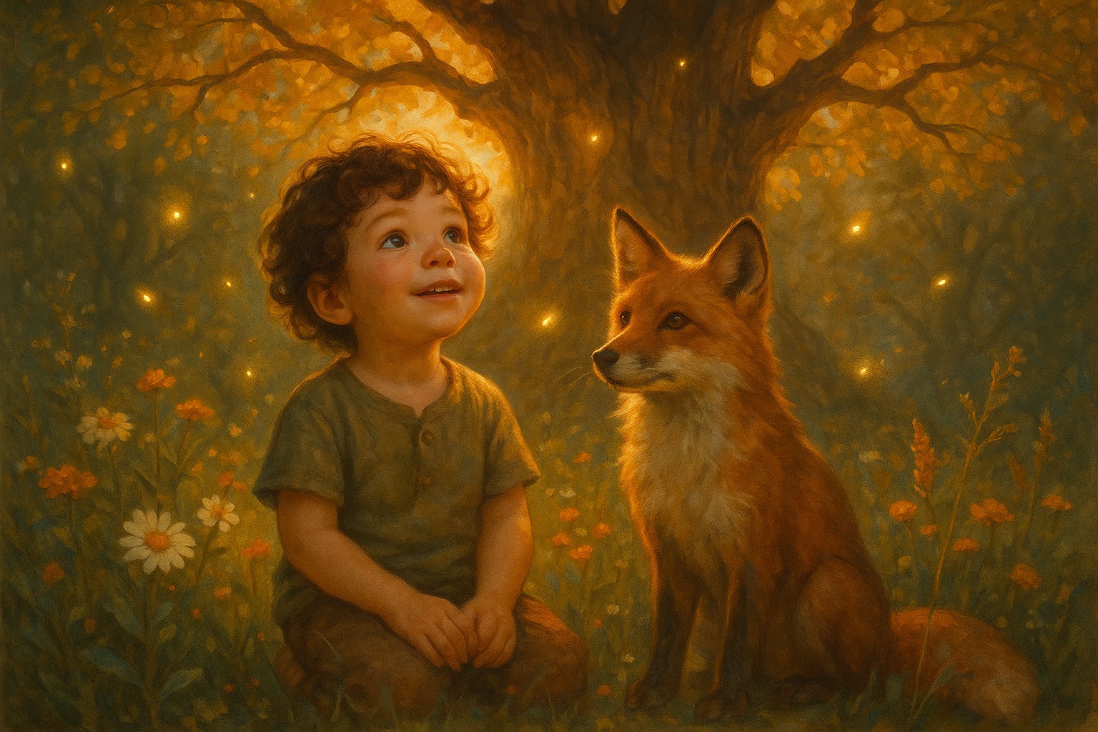 Storybook illustration of a child discovering a magical enchanted garden at golden hour with fireflies and a fox companion