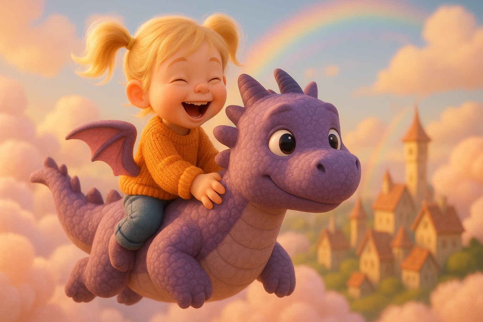 3D animated style — girl riding a friendly purple dragon through clouds