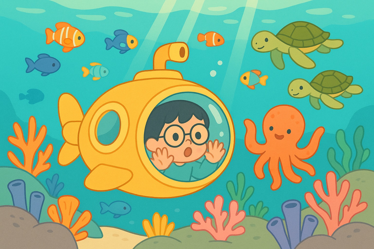 Cartoon style — child exploring an underwater coral reef in a bubble submarine