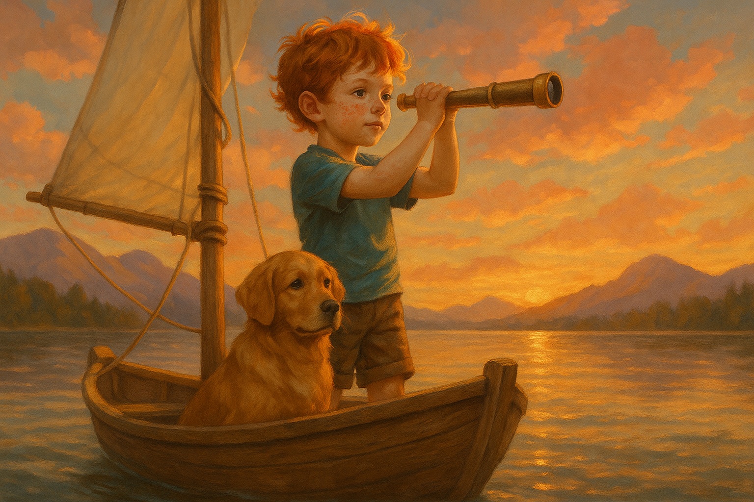 Cinematic realistic style — child on a sailboat at sunset with a golden retriever