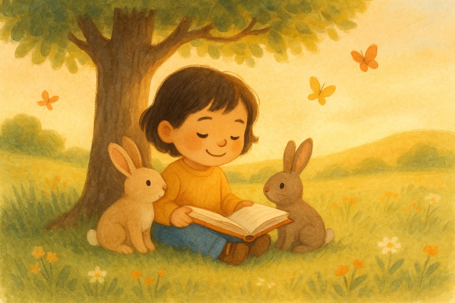 Storybook painterly style — child reading under a tree with butterflies